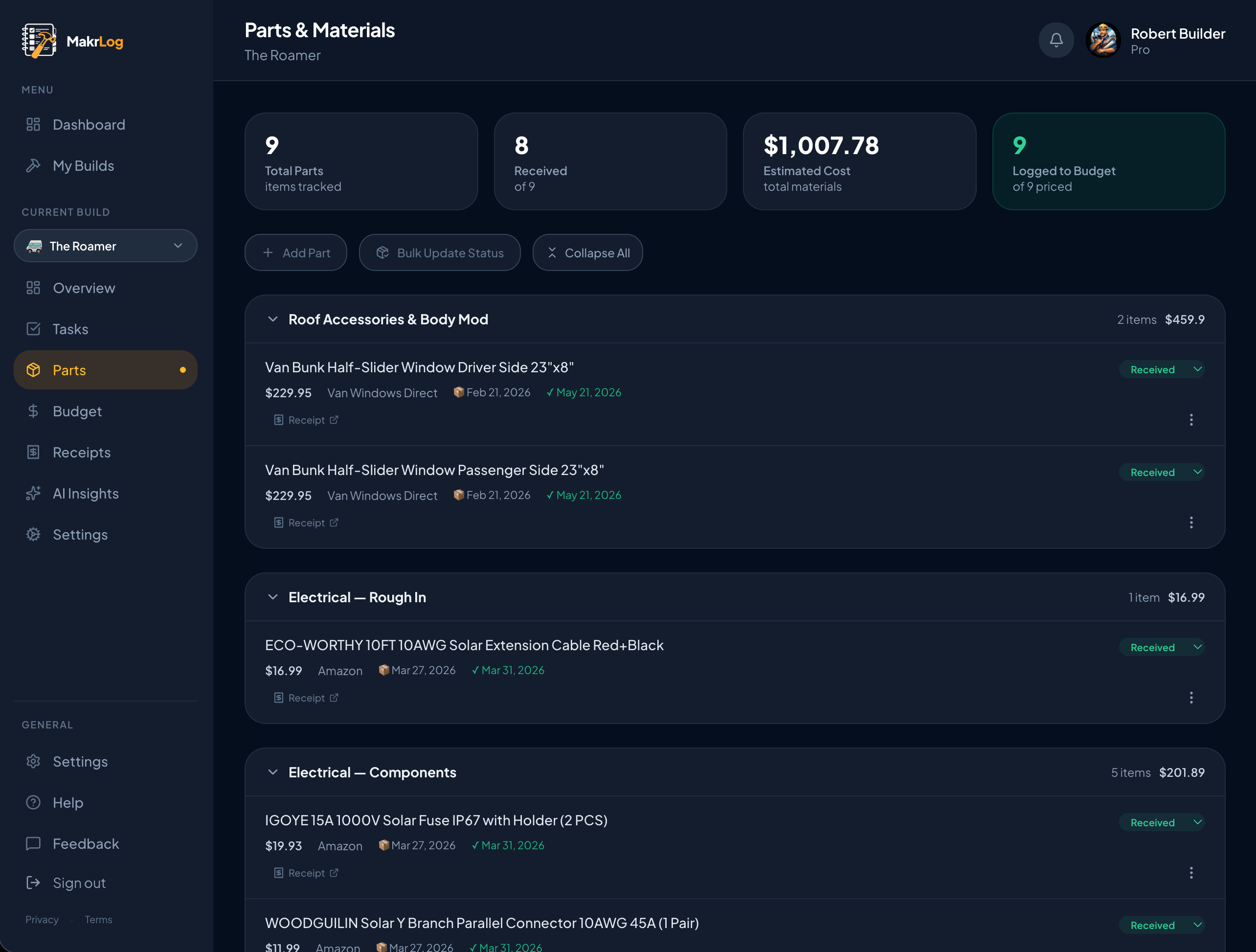 Parts management view with vendor, price, and status columns