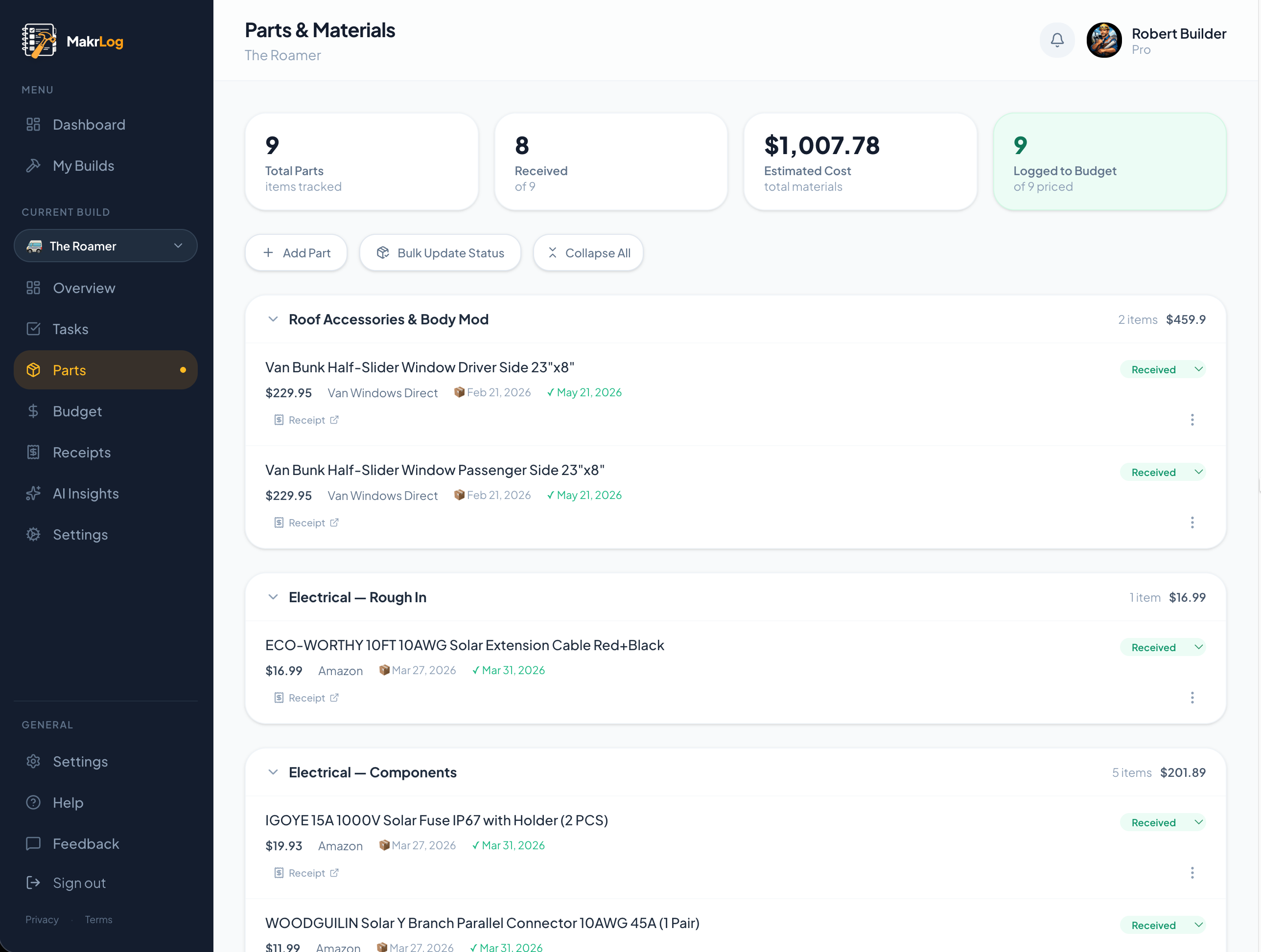 Parts management view with vendor, price, and status columns