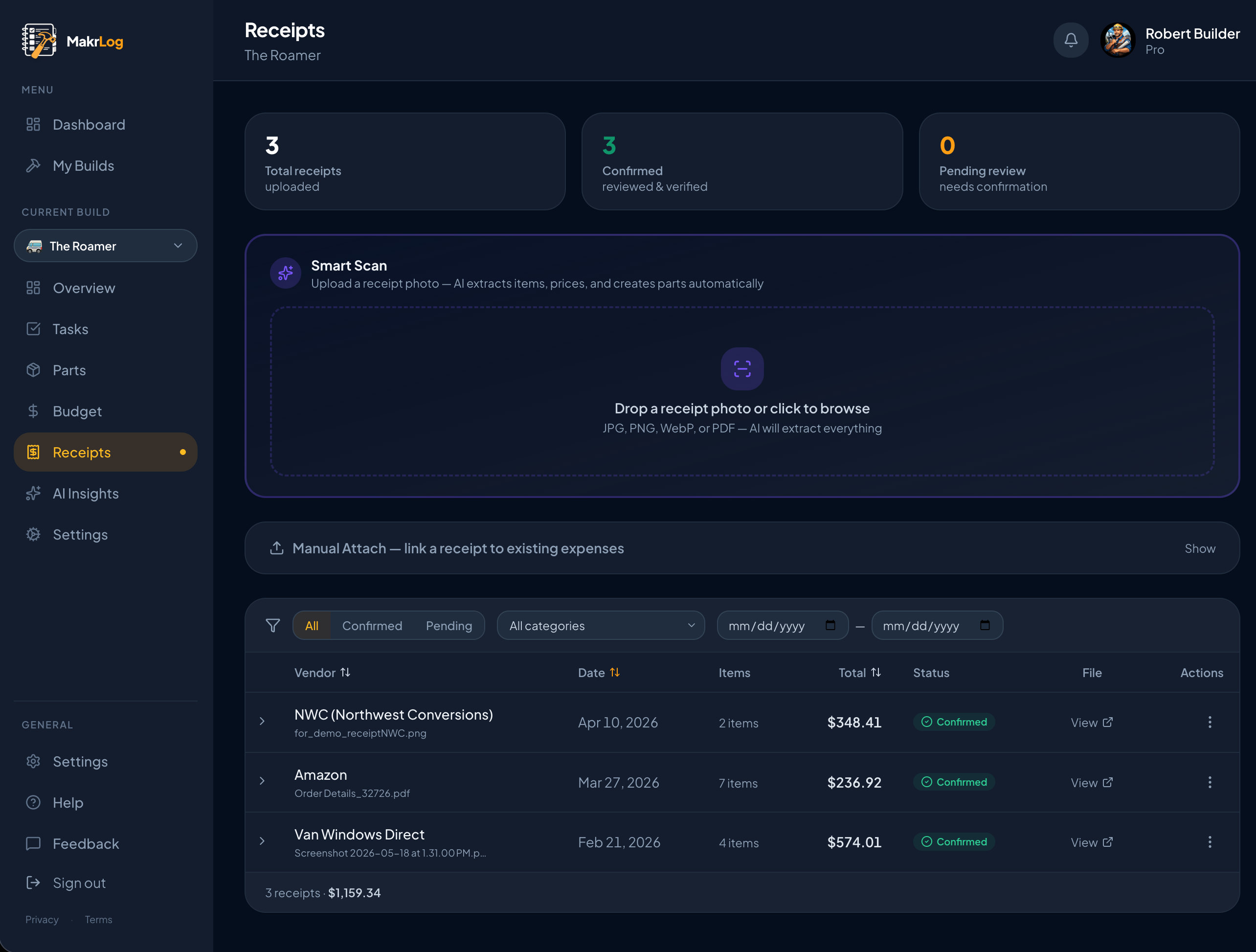 Receipt scanning with AI-extracted line items and budget tracking