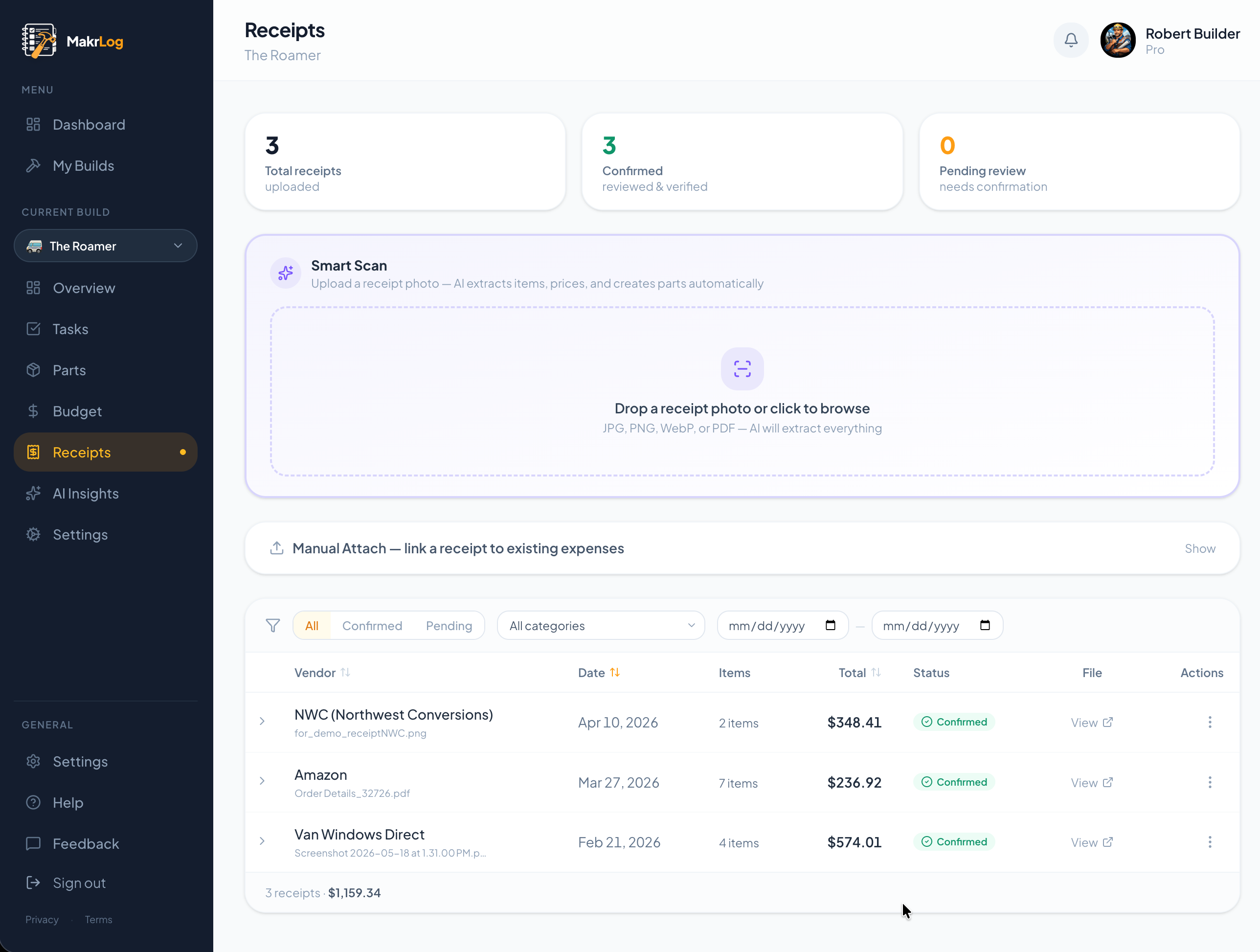 Receipt scanning with AI-extracted line items and budget tracking
