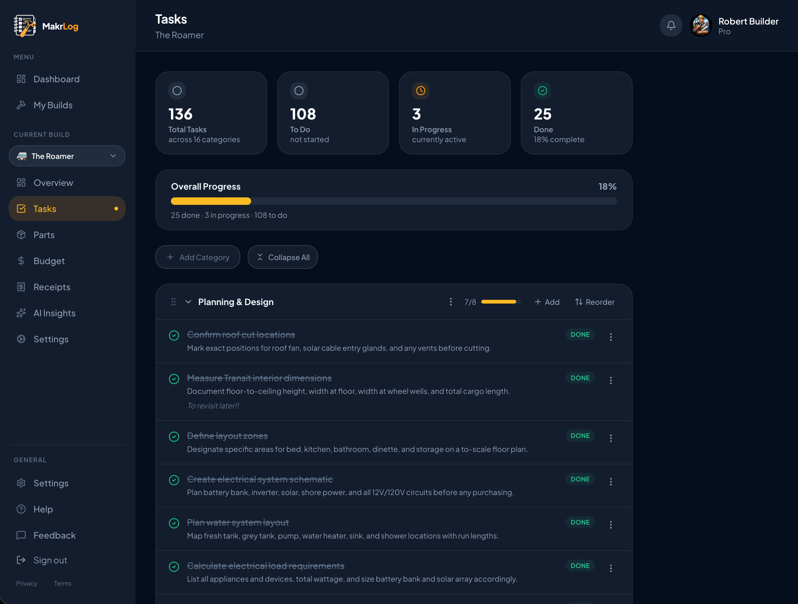 Task tracking view showing categorized tasks with status indicators