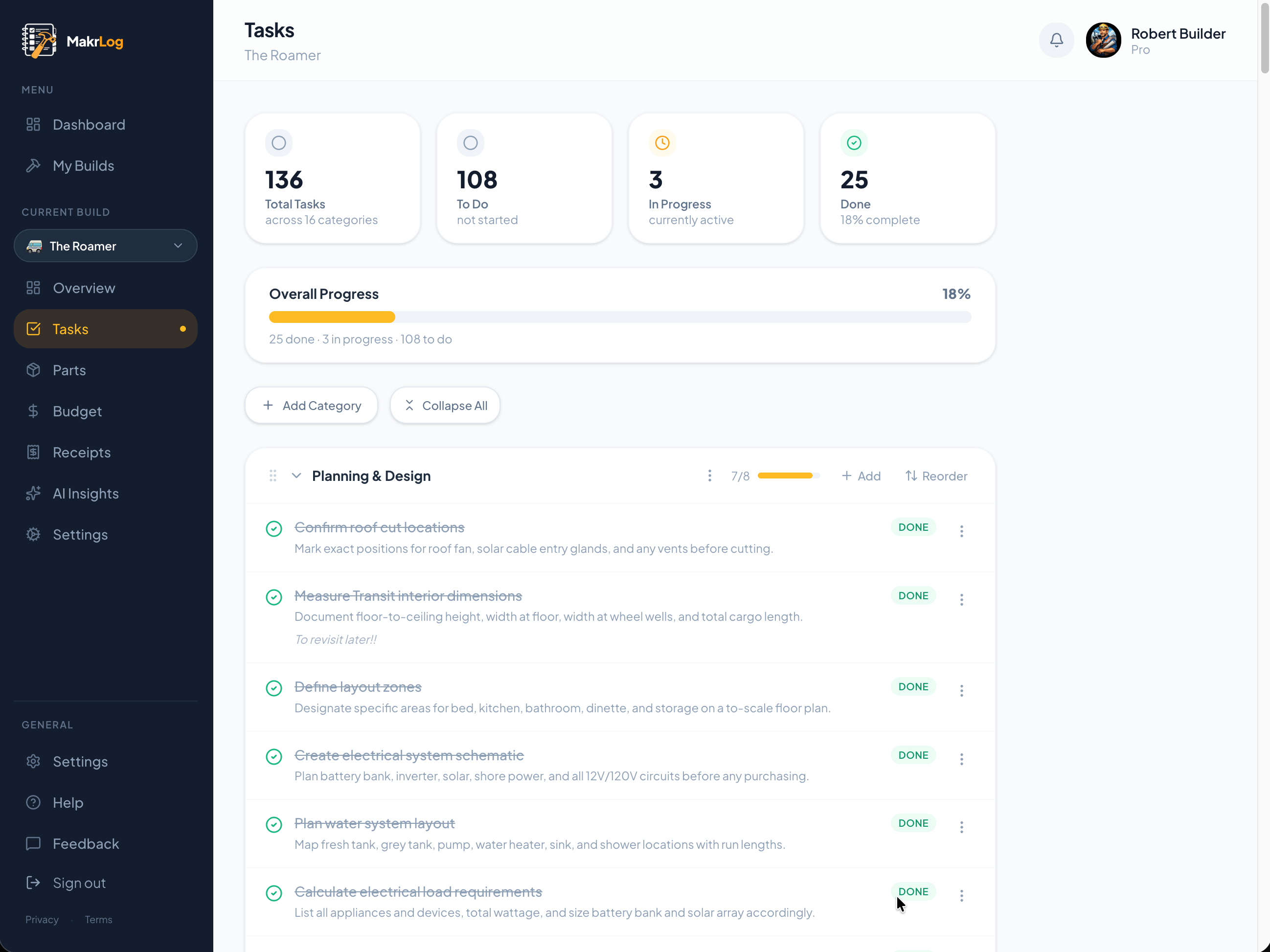 Task tracking view showing categorized tasks with status indicators